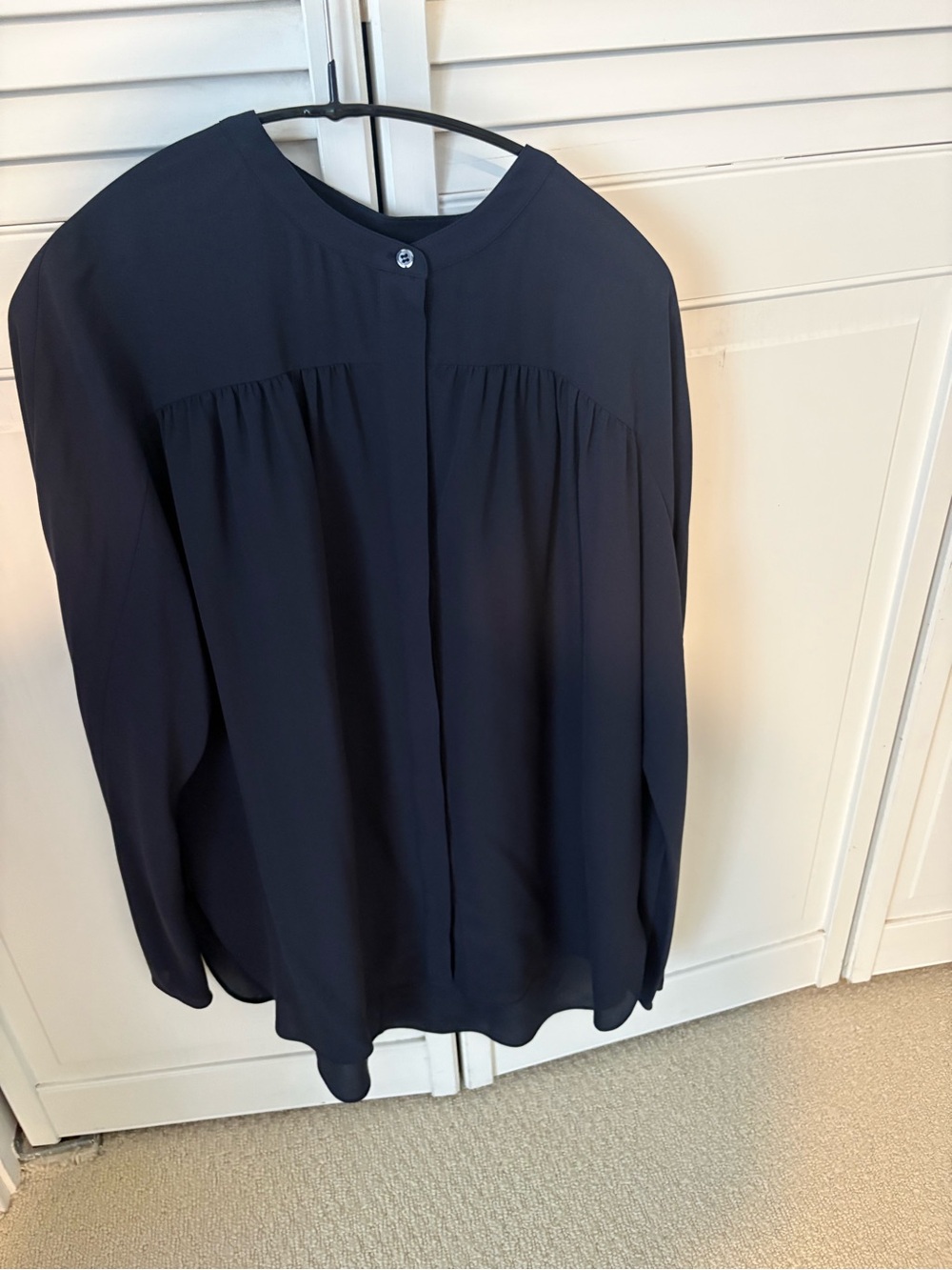 Women's navy Long-Sleeve Pleated Button-Back Blouse